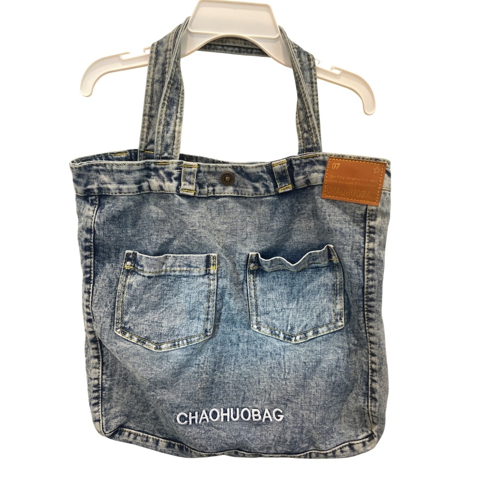 CHAOHUOBAG Denim Tote Bag Blue Acid Wash Two‎ Front Pockets Everyday Casual